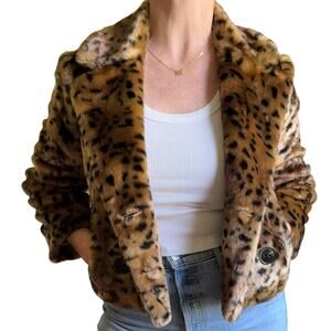 Ann Taylor LOFT Faux Fur Leopard Cropped Jacket Double Breasted Size S